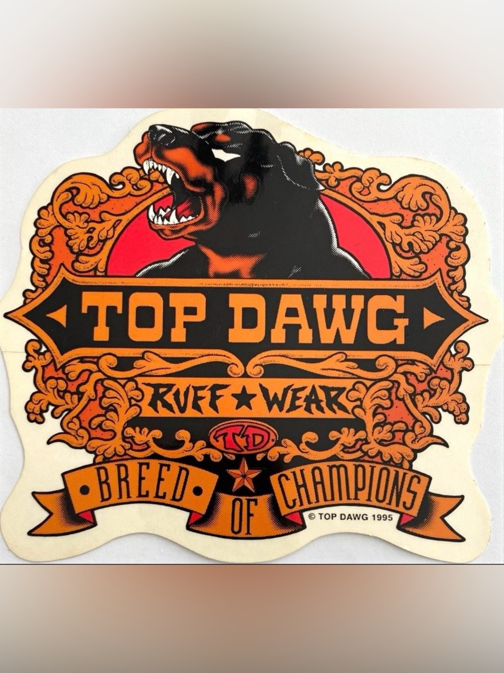 Vintage 1995 Top Dawg Ruff Wear Rottweiler Sticker Die Cut 90s Streetwear